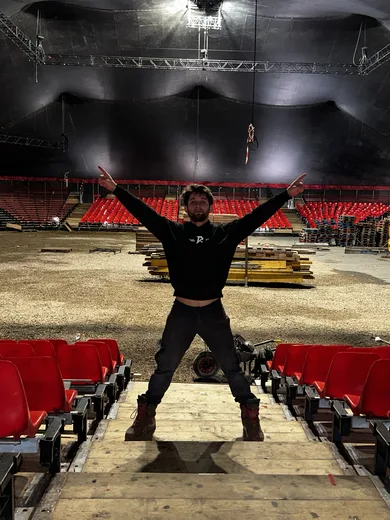 Inside the big top while the seating goes in