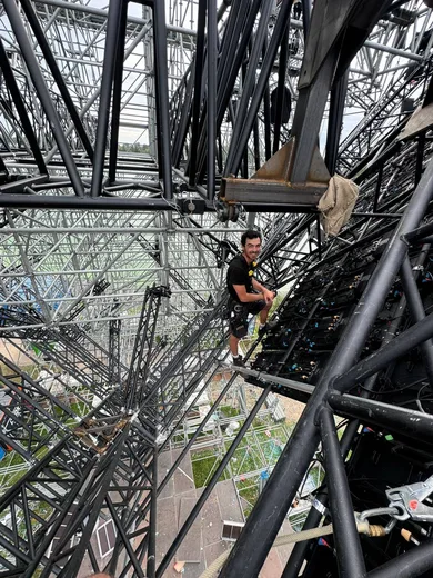Climbing through the steel lattice