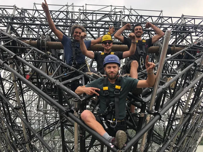Crew inside the steel tower