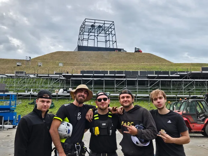 The crew in front of the hill tower