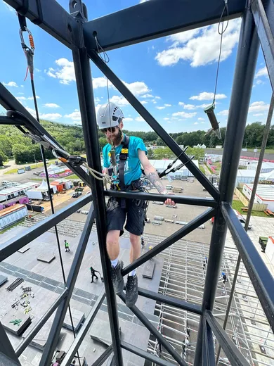 Climbing inside a steel tower