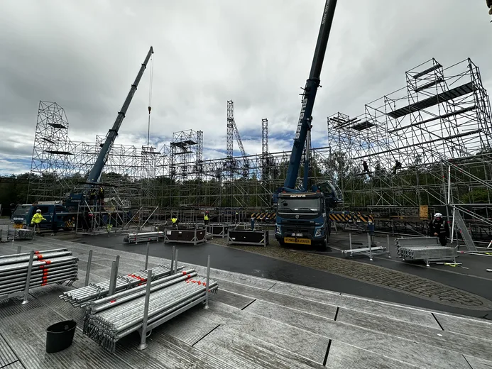 Cranes and scaffolding around the main stage